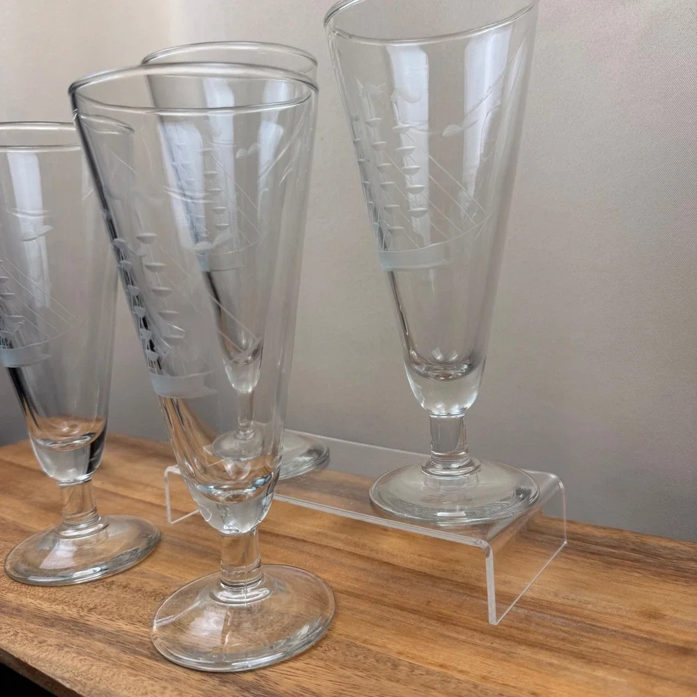 Vintage Javit Crystal Etched Clipper Ship Pilsner Glasses Set of 4 Nautical Bar
